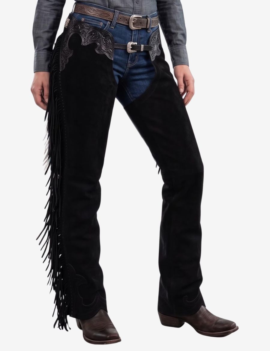 black tooled womens western chaps with decorative leather tooling, buckle closure, and premium western craftsmanship.