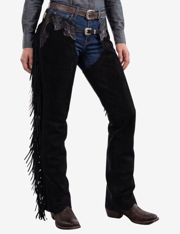 black tooled womens western chaps with decorative leather tooling, buckle closure, and premium western craftsmanship.