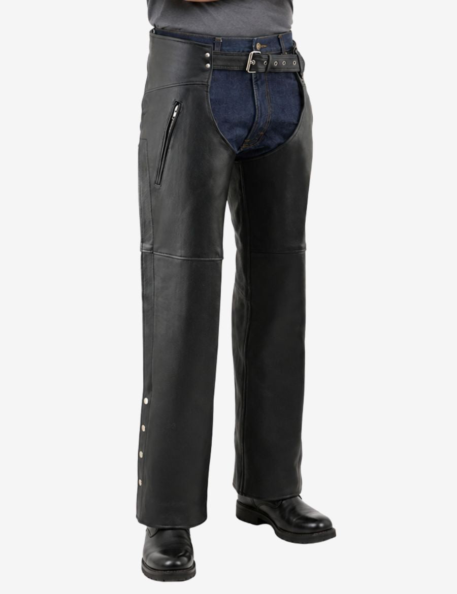 Angled front view of black utility mens motorcycle chaps highlighting practical riding fit and leather detailing.