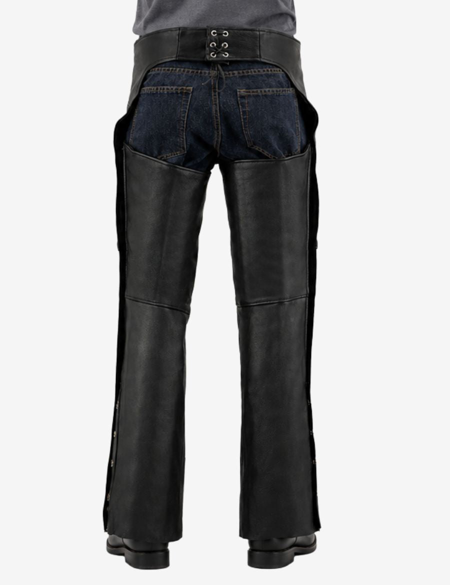 Back view of black utility mens motorcycle chaps with open-back biker design and smooth leather finish.