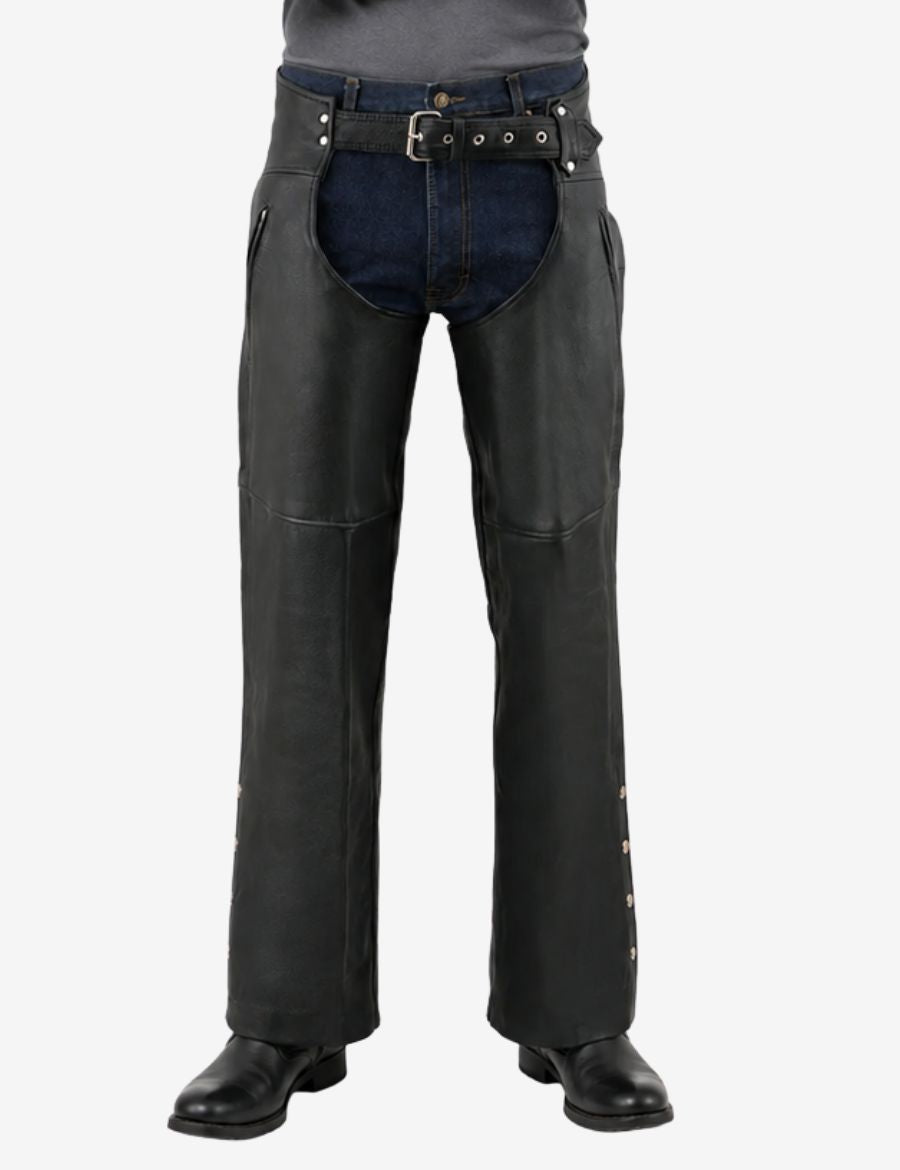 Front view of black utility mens motorcycle chaps featuring durable leather construction and classic biker styling.