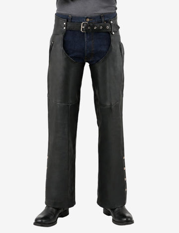Front view of black utility mens motorcycle chaps featuring durable leather construction and classic biker styling.