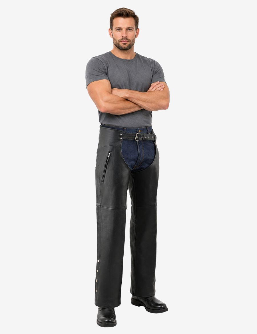 Front view of black utility mens motorcycle chaps featuring durable leather construction and classic biker styling.
