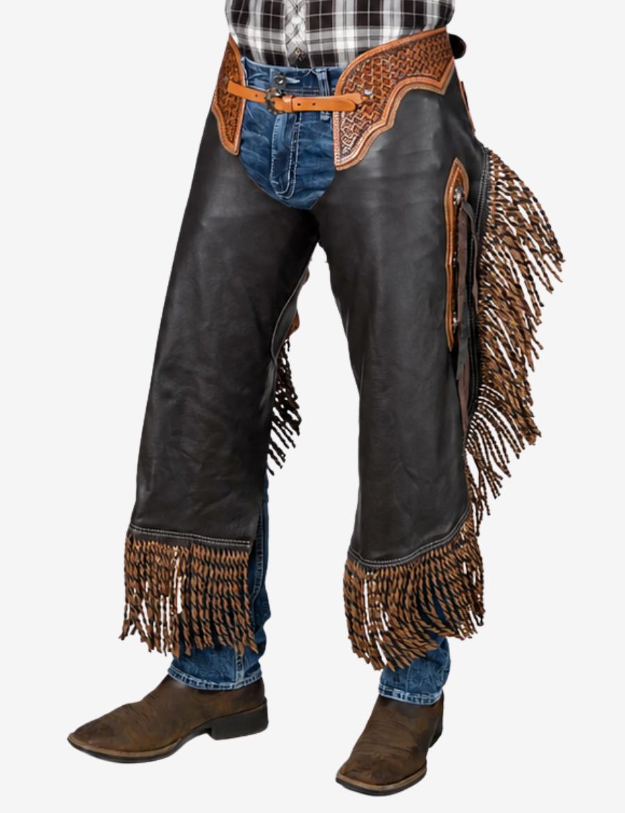 Angled front view of black western braided chinks chaps featuring braided leather accents and rugged ranch-ready craftsmanship.
