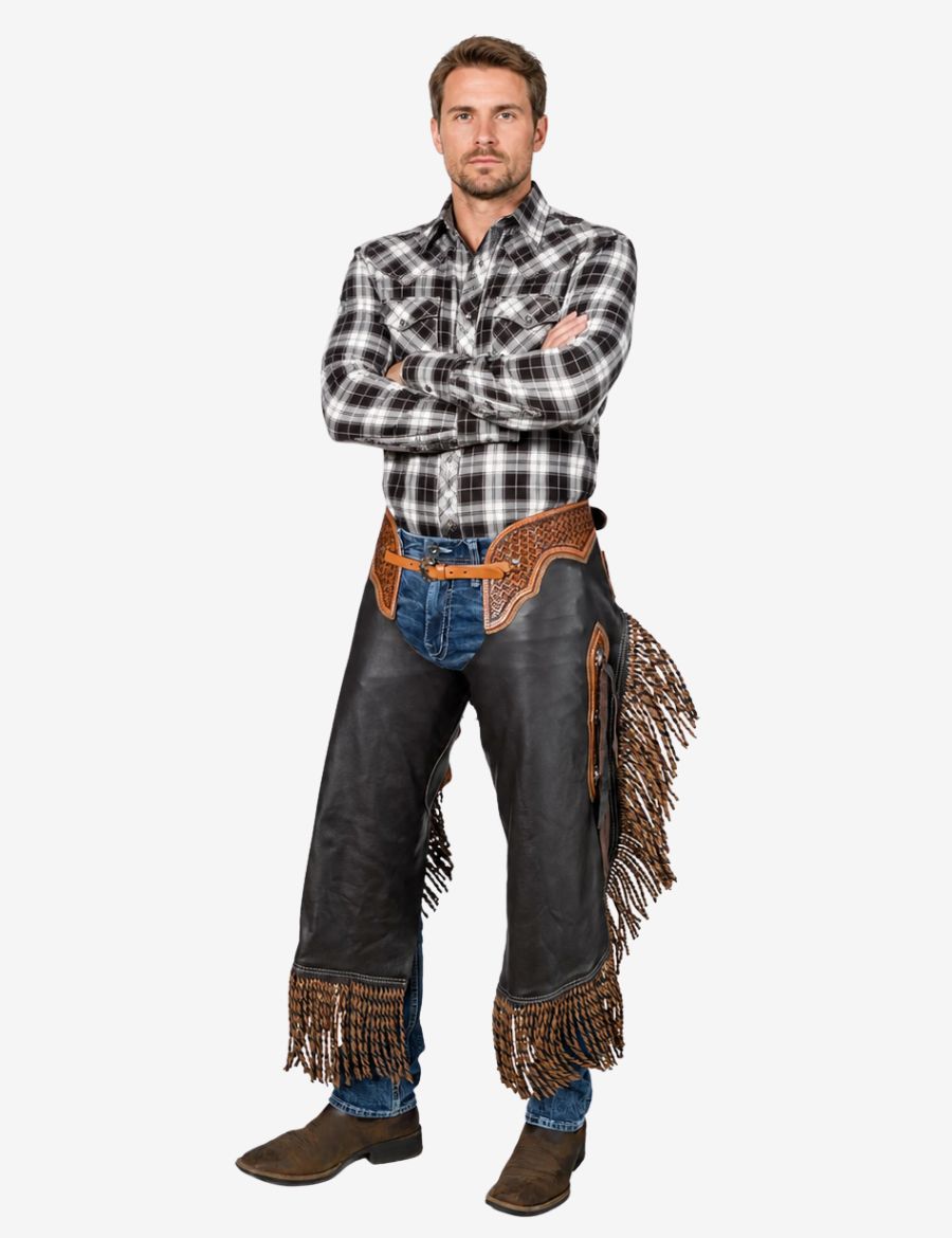 Cowboy wearing black western braided chinks chaps with braided accents, fringe detailing, and classic western ranch style.