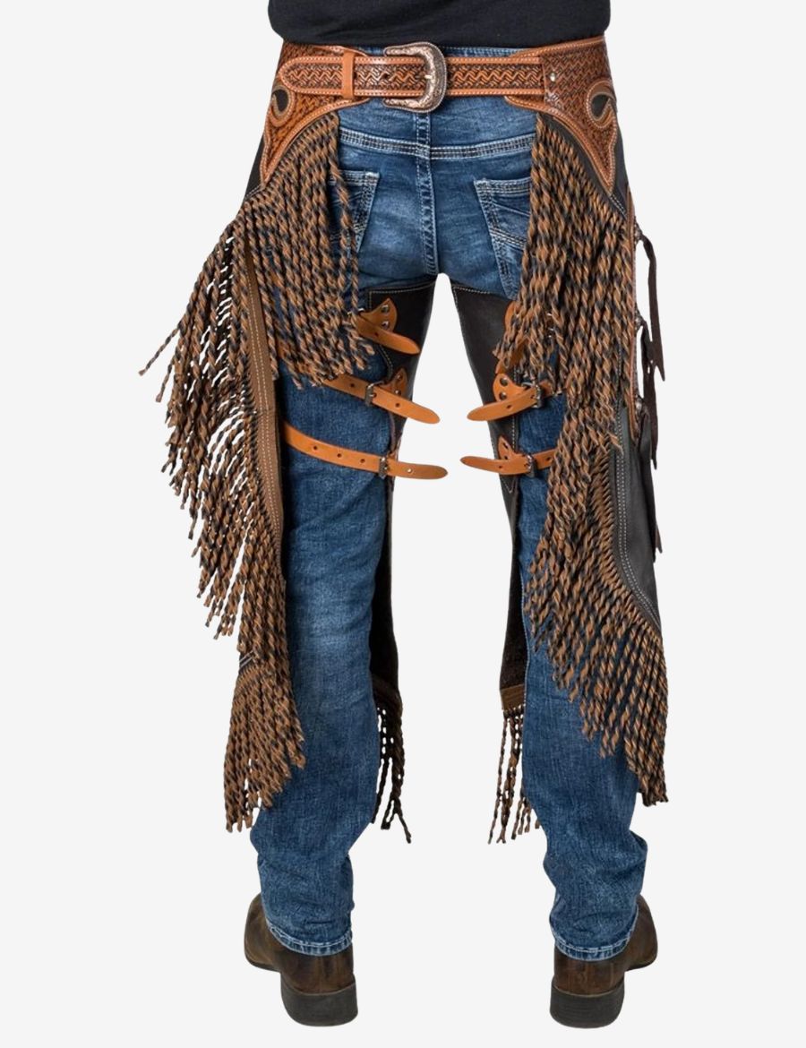 Back view of black western braided chinks chaps showing leather straps, western fringe, and durable cowboy riding design.