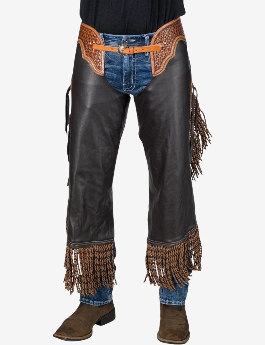 Black western braided chinks chaps with long fringe, handcrafted leather detailing, and authentic cowboy riding style front view.