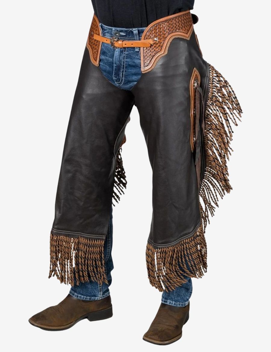 Black western braided chinks chaps front view with premium leather construction, western fringe