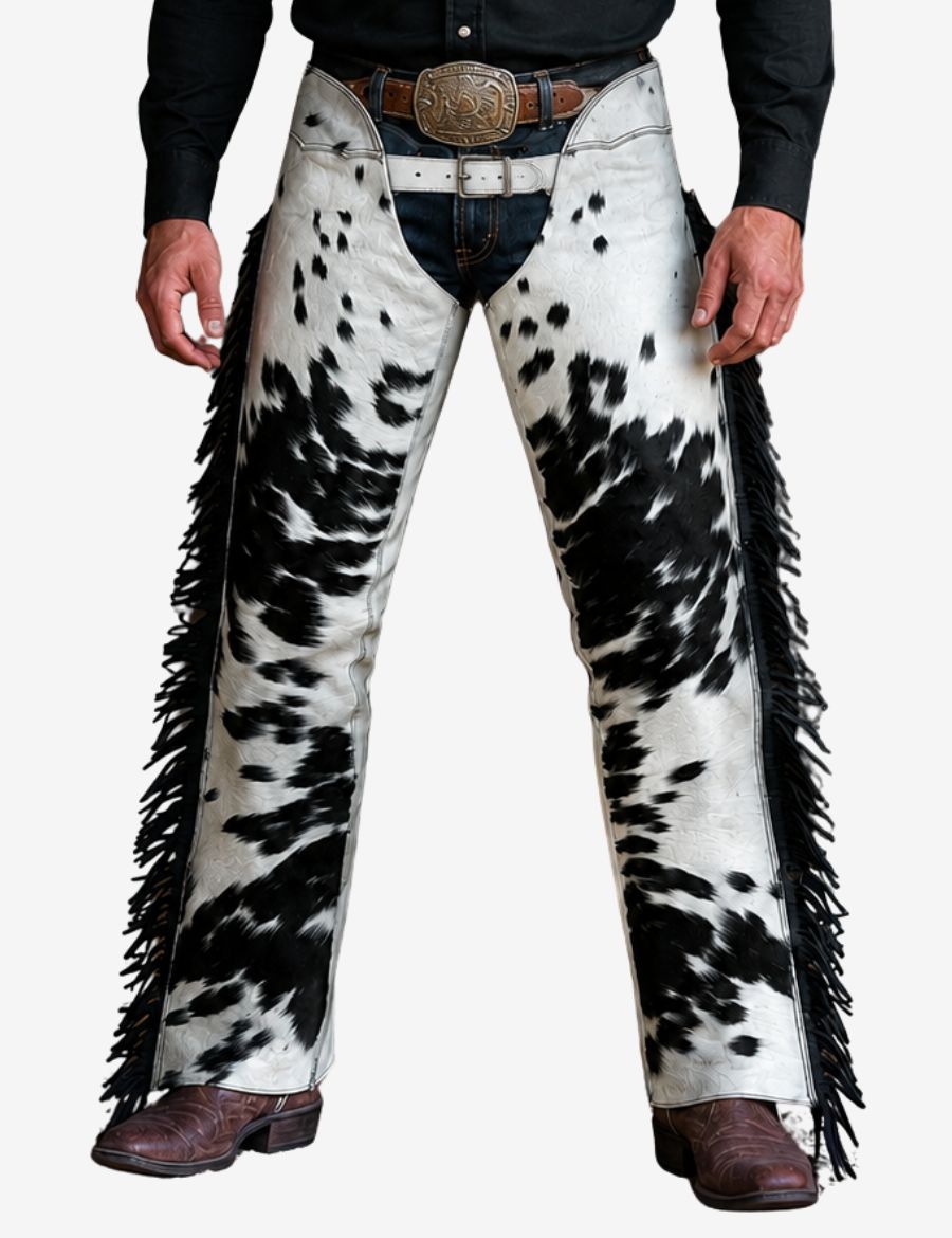 Model wearing black and white hair-on hide western chaps with authentic cowhide texture and cowboy outfit styling.