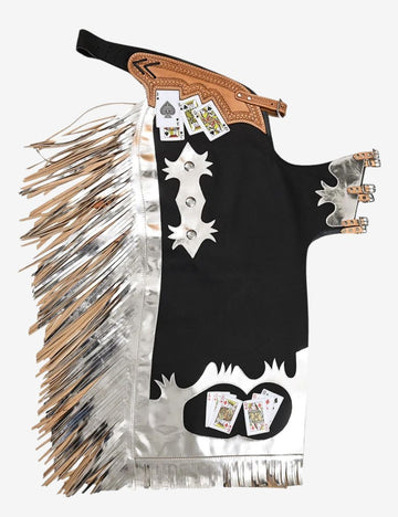 Black and silver bull riding chaps with metallic fringe, card graphics, and western rodeo leather detailing.
