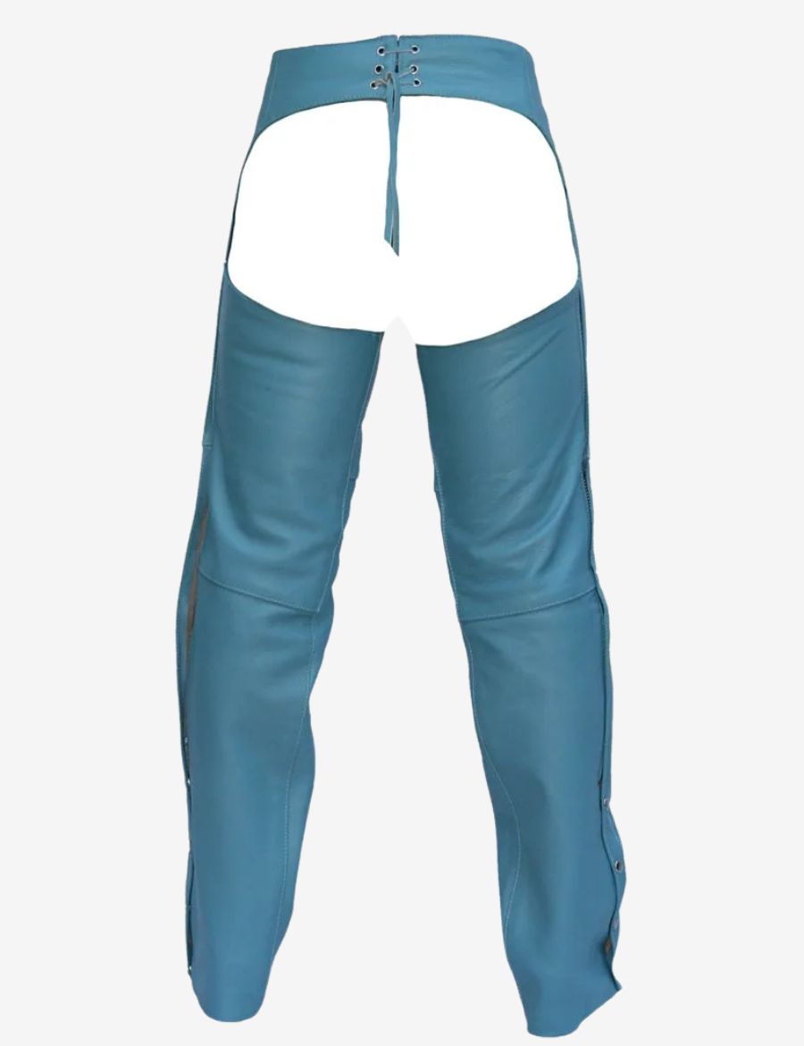 Back view of blue leather assless chaps for women featuring lace-up rear waist adjustment and open-seat motorcycle chap design.