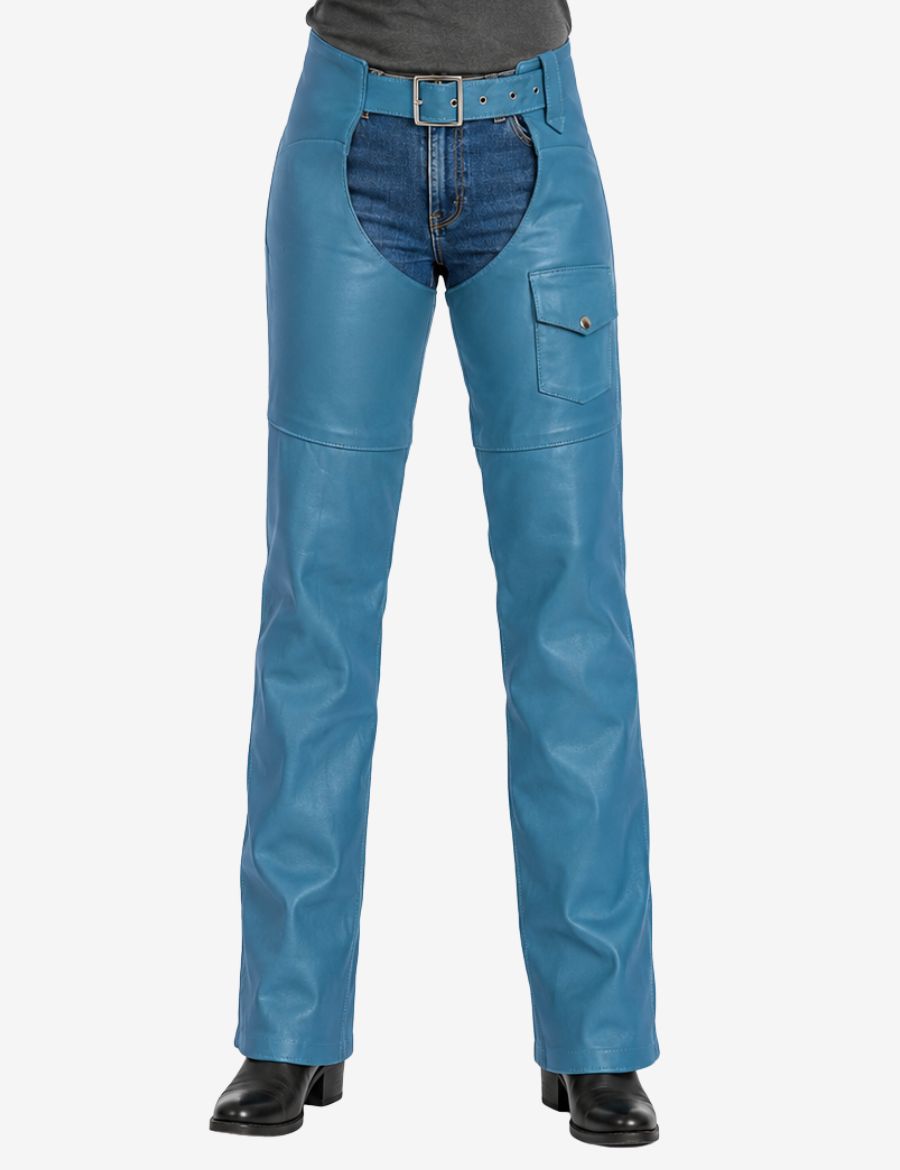 Front view of blue leather assless chaps for women with smooth leather construction, snap-flap pocket, and adjustable buckle closure.
