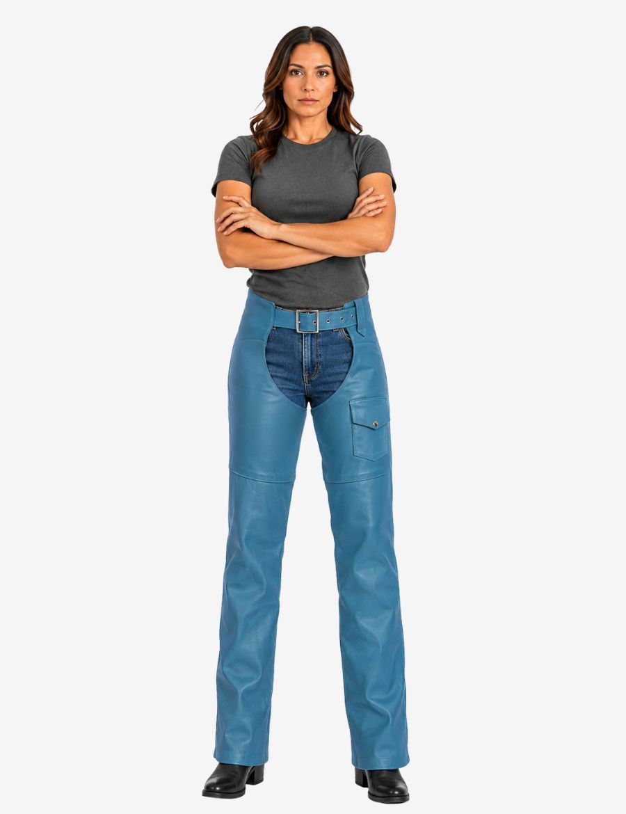 Female model wearing blue leather assless chaps for women featuring a fitted silhouette, adjustable waist belt, and utility pocket.