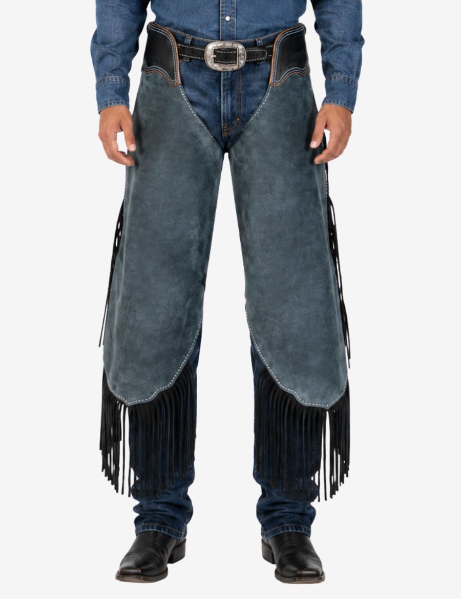 Front view of blue suede chinks chaps for cowboy with black fringe, western trim, and concho accents.