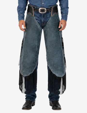 Front view of blue suede chinks chaps for cowboy with black fringe, western trim, and concho accents.