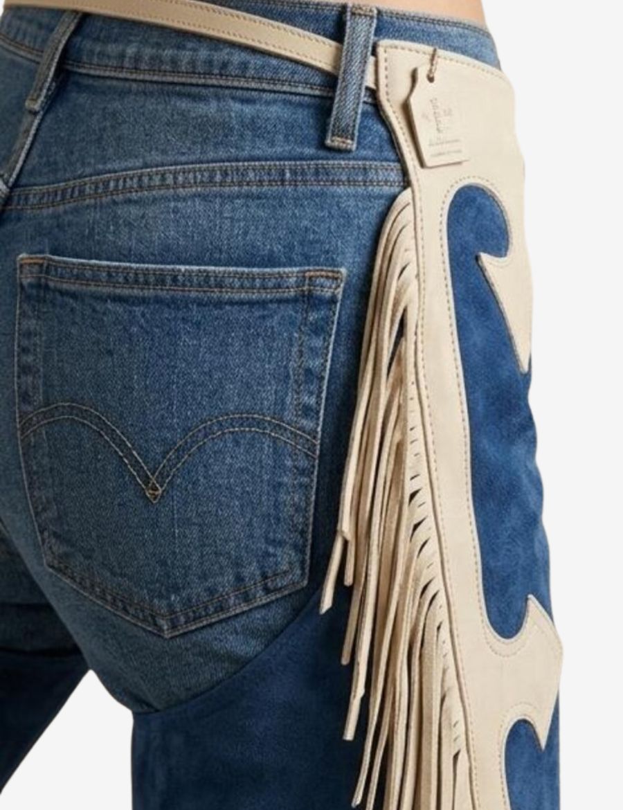 Blue and ivory womens fringe chaps featuring contrasting leather panels, western styling, and long side fringe for a classic cowgirl look.