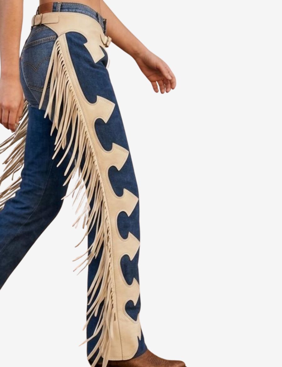 Side view of blue and ivory womens fringe chaps showcasing flowing fringe accents, premium leather construction, and western-inspired detailing.