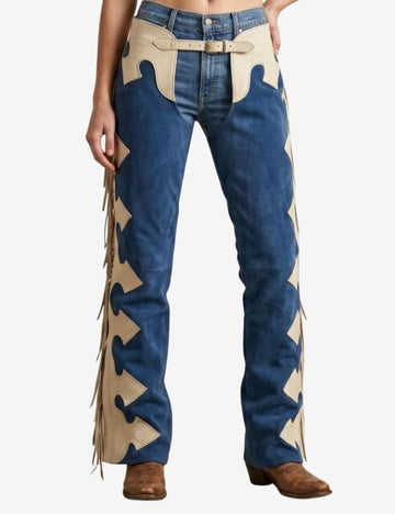 Blue and ivory womens fringe chaps featuring contrasting leather panels, western styling, and long side fringe for a classic cowgirl look.