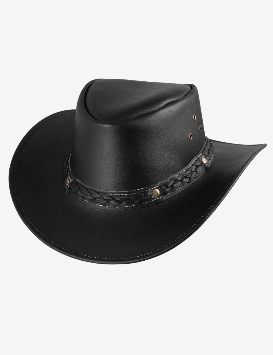 Right angle view of braided black leather cowboy hat with braided hatband, metal accents, and traditional western silhouette.