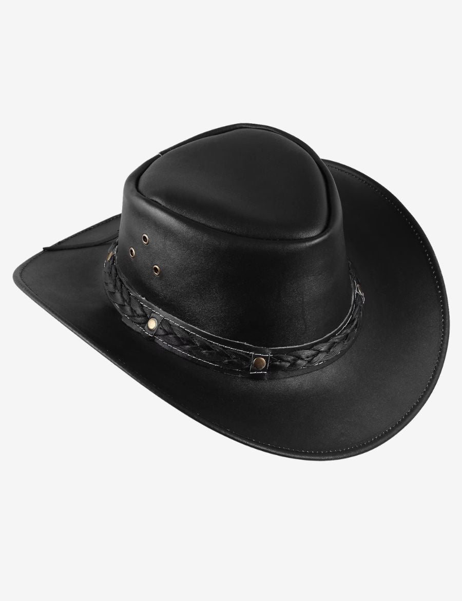 Braided black leather cowboy hat with curved brim, vented crown, and decorative braided hatband for classic western style.