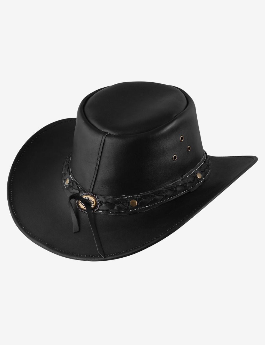 Front angle view of braided black leather cowboy hat featuring a wide brim, braided band, and authentic cowboy design.