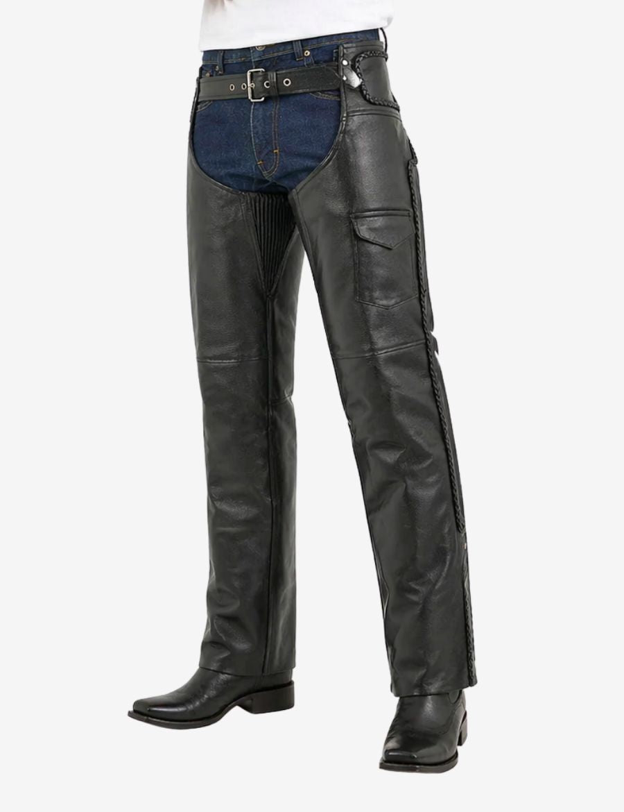 Angled front view of braided leather biker chaps with cargo pocket and rugged motorcycle riding design.