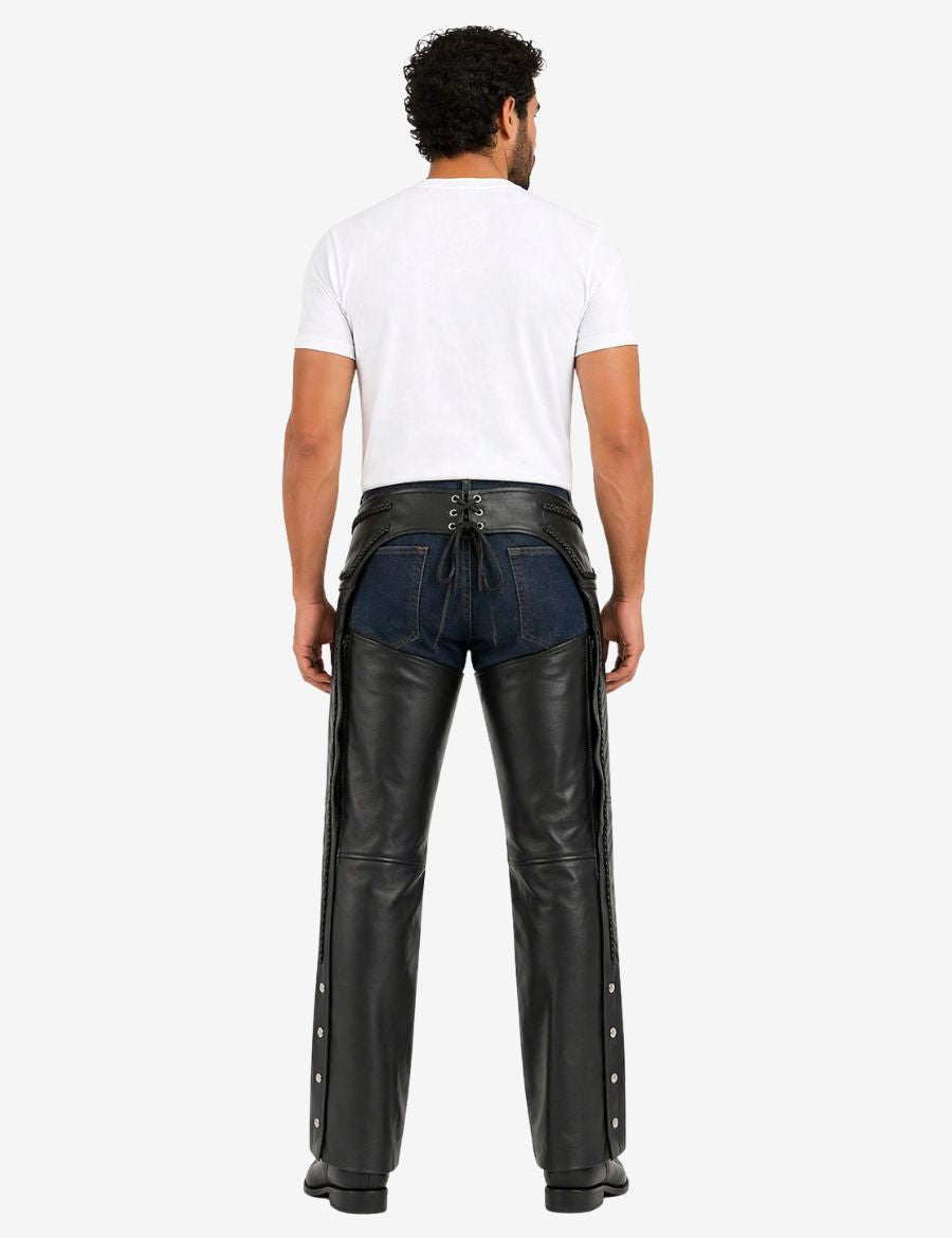 Back view of braided leather biker chaps with cargo pocket showing lace-up waist and protective riding coverage.