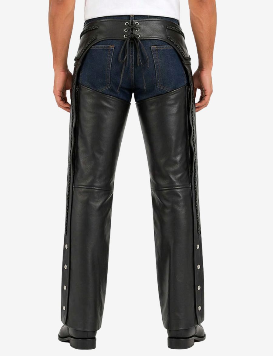 Close back view of braided leather biker chaps highlighting braided trim and adjustable lace-up rear waistband.