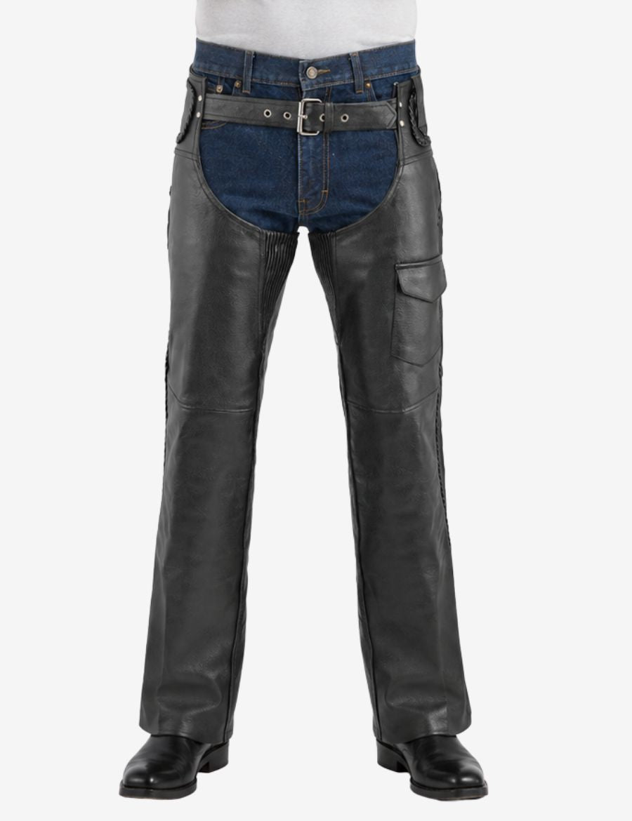 Front view of braided leather biker chaps with cargo pocket featuring reinforced leather panels and biker fit.