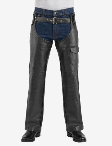 Front view of braided leather biker chaps with cargo pocket featuring reinforced leather panels and biker fit.