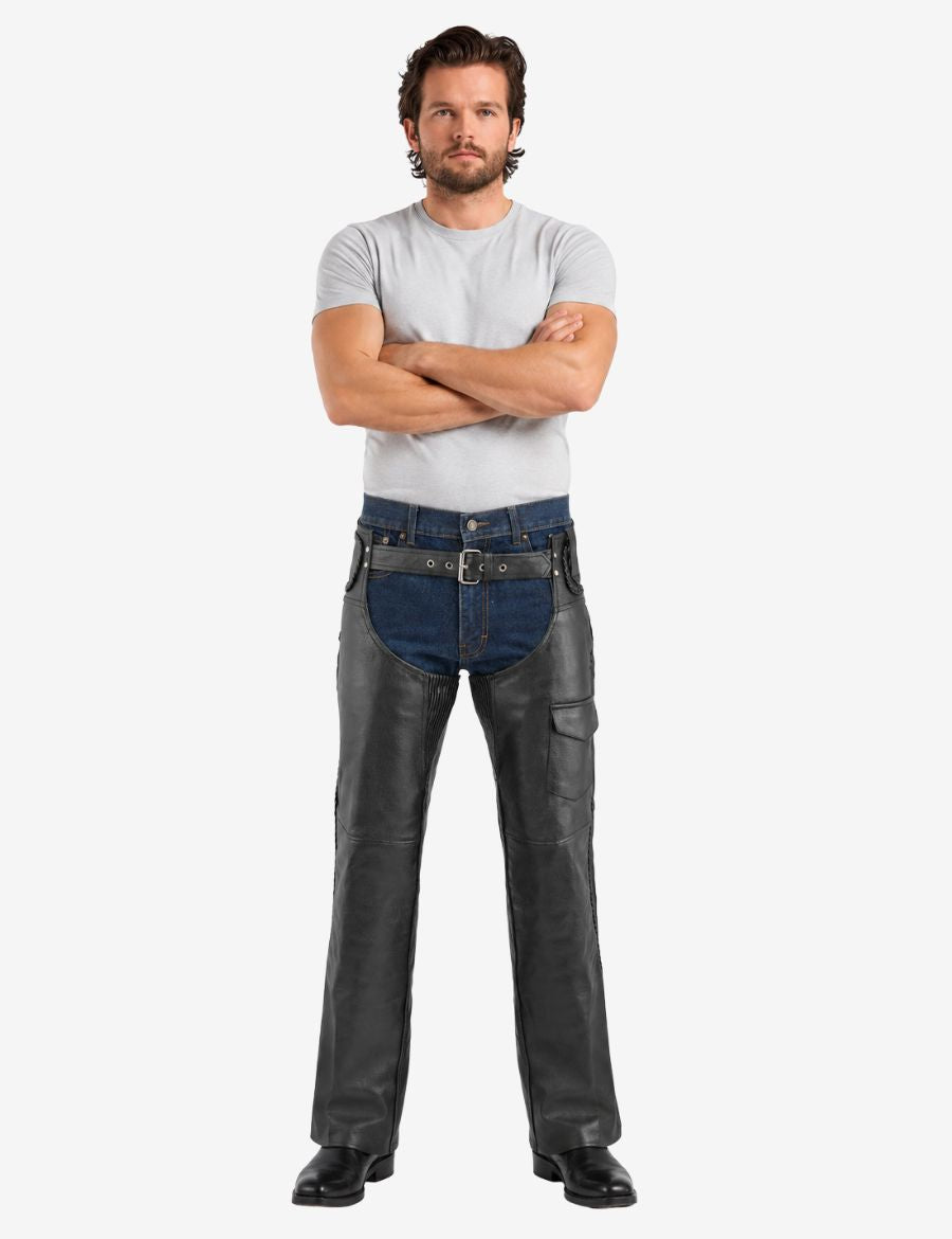 Front view of braided leather biker chaps with cargo pocket featuring reinforced leather panels and biker fit.