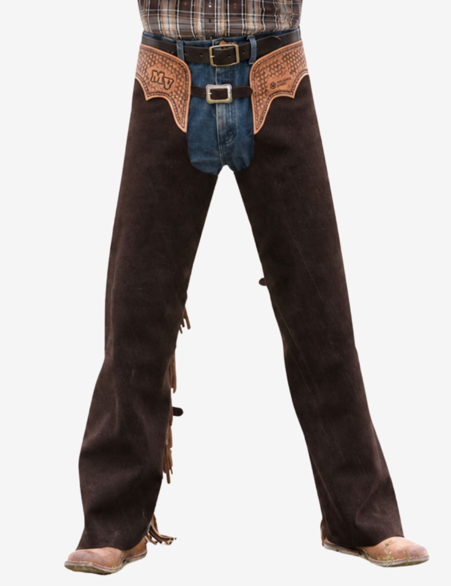 Front view of bronc riding western cowboy chaps crafted in dark suede with hand-tooled leather yokes and fringe trim.