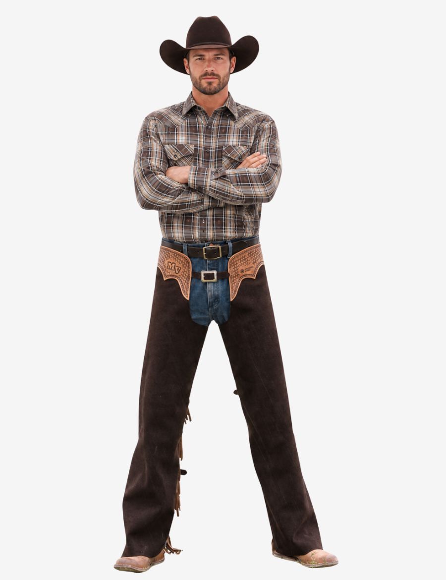 Cowboy model wearing bronc riding western chaps styled with rugged suede leather and traditional rodeo-inspired details.