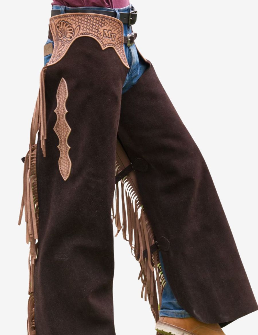 Right side profile of western bronc riding chaps with layered fringe accents and richly detailed suede leather panels.