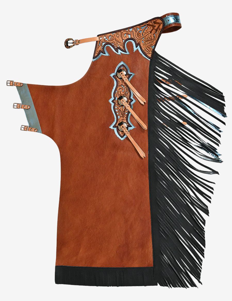 Brown and black bull riding chaps with hand-tooled floral leather accents, sky blue trim, and long black fringe.