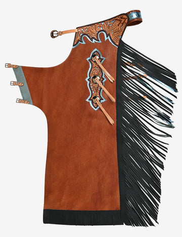 Brown and black bull riding chaps with hand-tooled floral leather accents, sky blue trim, and long black fringe.