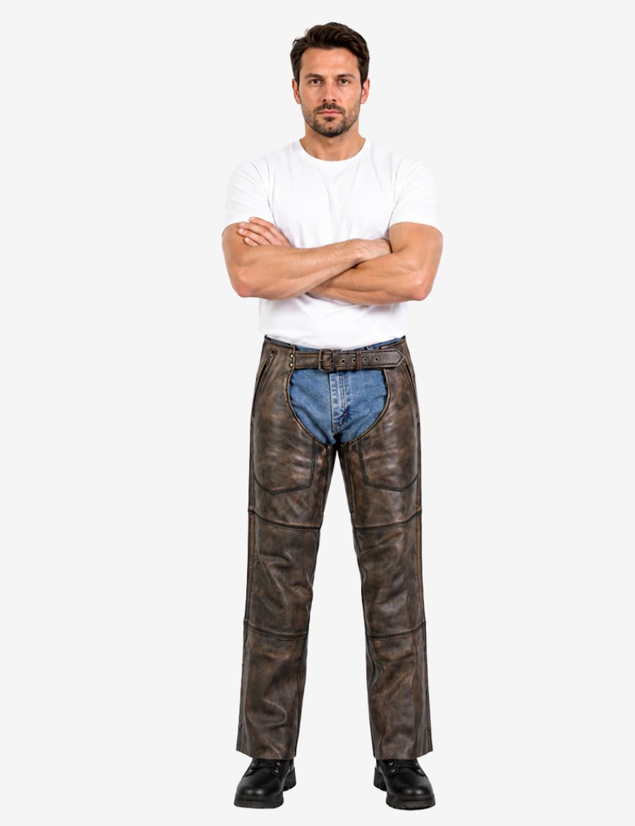 Close front view of brown distressed leather assless biker chaps with reinforced stitching and belt closure.