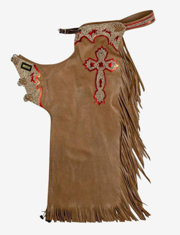 Brown leather bull riding chaps with western tooling, red metallic trim, cross detailing, and long side fringe.