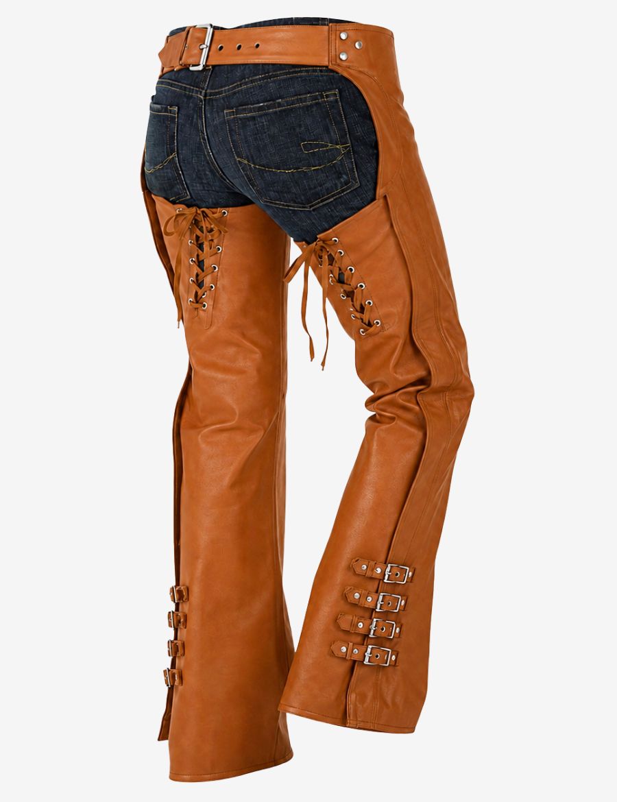 Back view of brown leather chaps for women with lace-up rear detailing and side buckle straps.