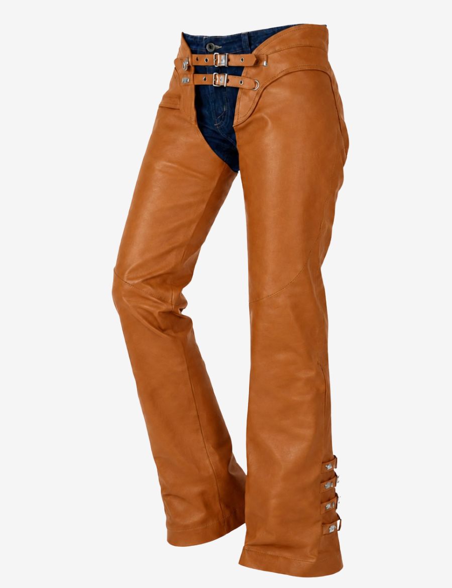 Close-up front view of brown leather chaps for women featuring adjustable buckle waist closure.