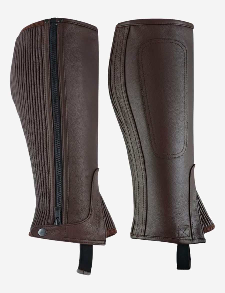 brown leather equestrian half chaps crafted from genuine leather, featuring a contoured fit, reinforced inner panel, and durable construction