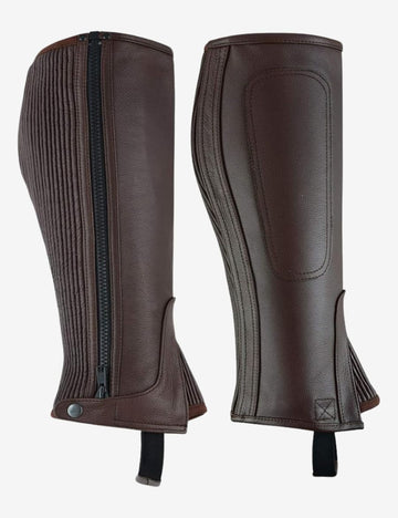 brown leather equestrian half chaps crafted from genuine leather, featuring a contoured fit, reinforced inner panel, and durable construction