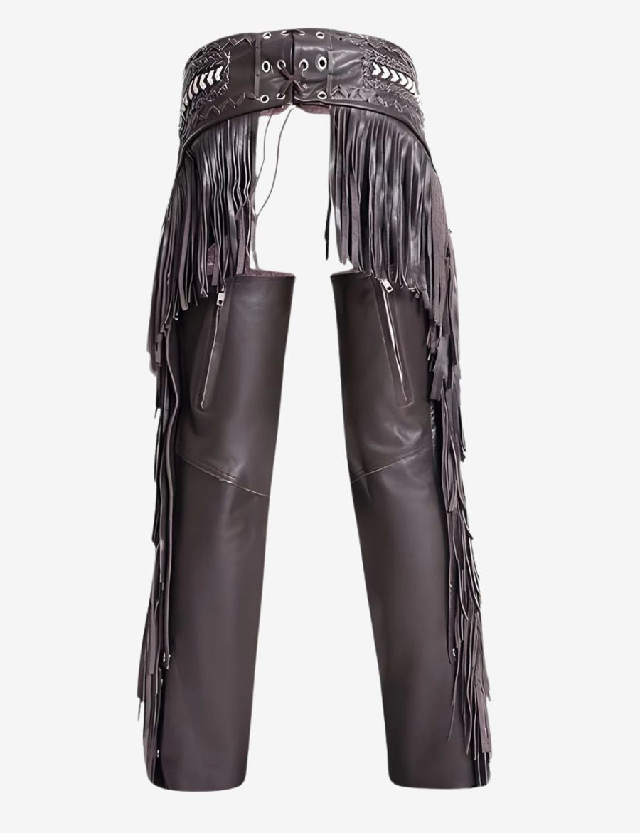 Back view of brown leather fringe chaps with long fringe accents and rear lace-up waistband.