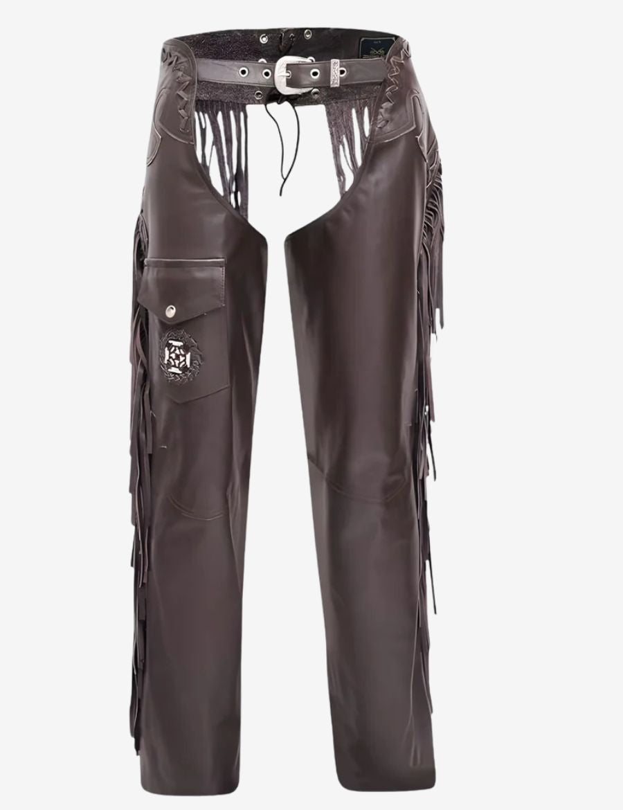 Male model wearing brown leather fringe chaps with side pocket and western riding style.