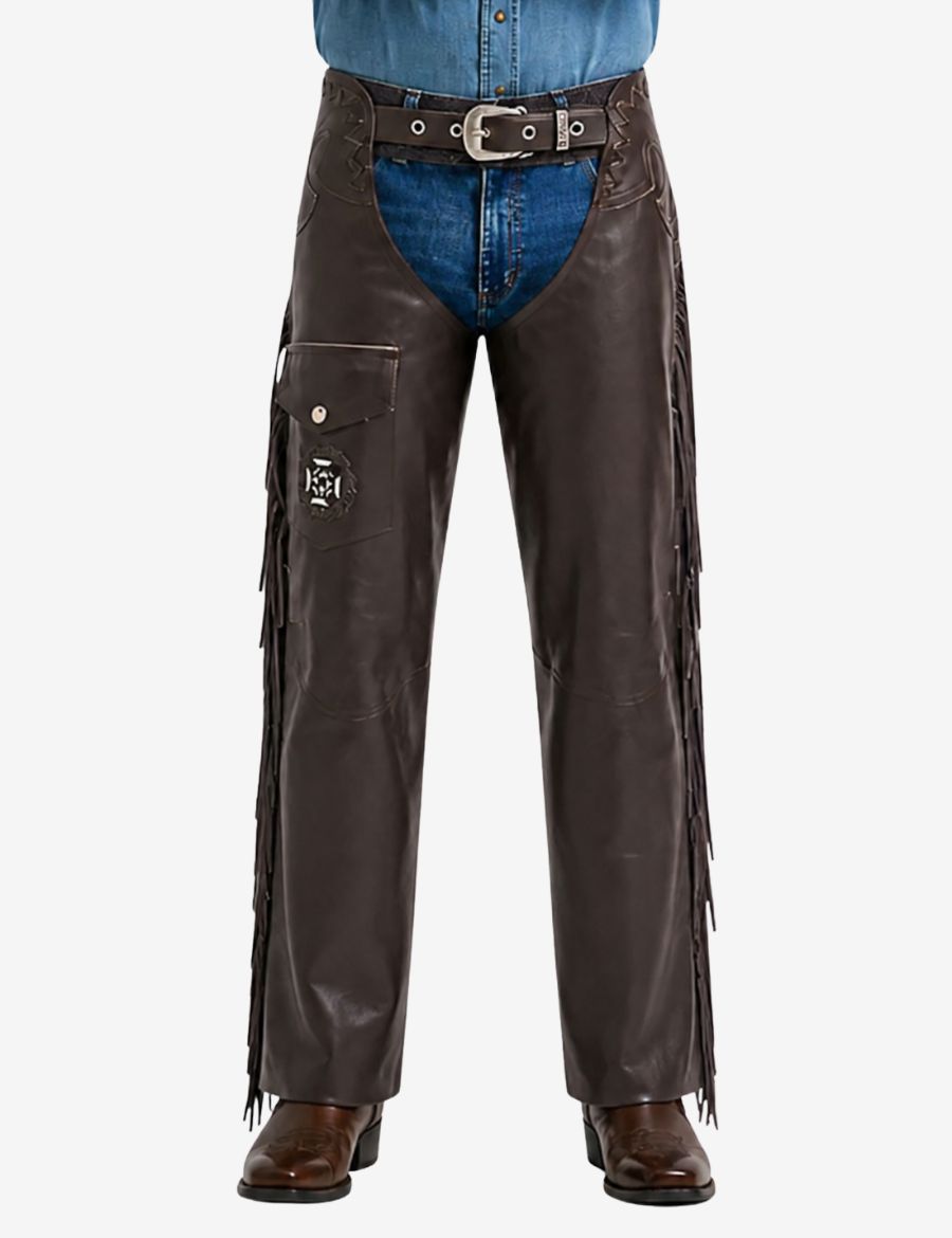 Male model wearing brown leather fringe chaps with side pocket and western riding style.