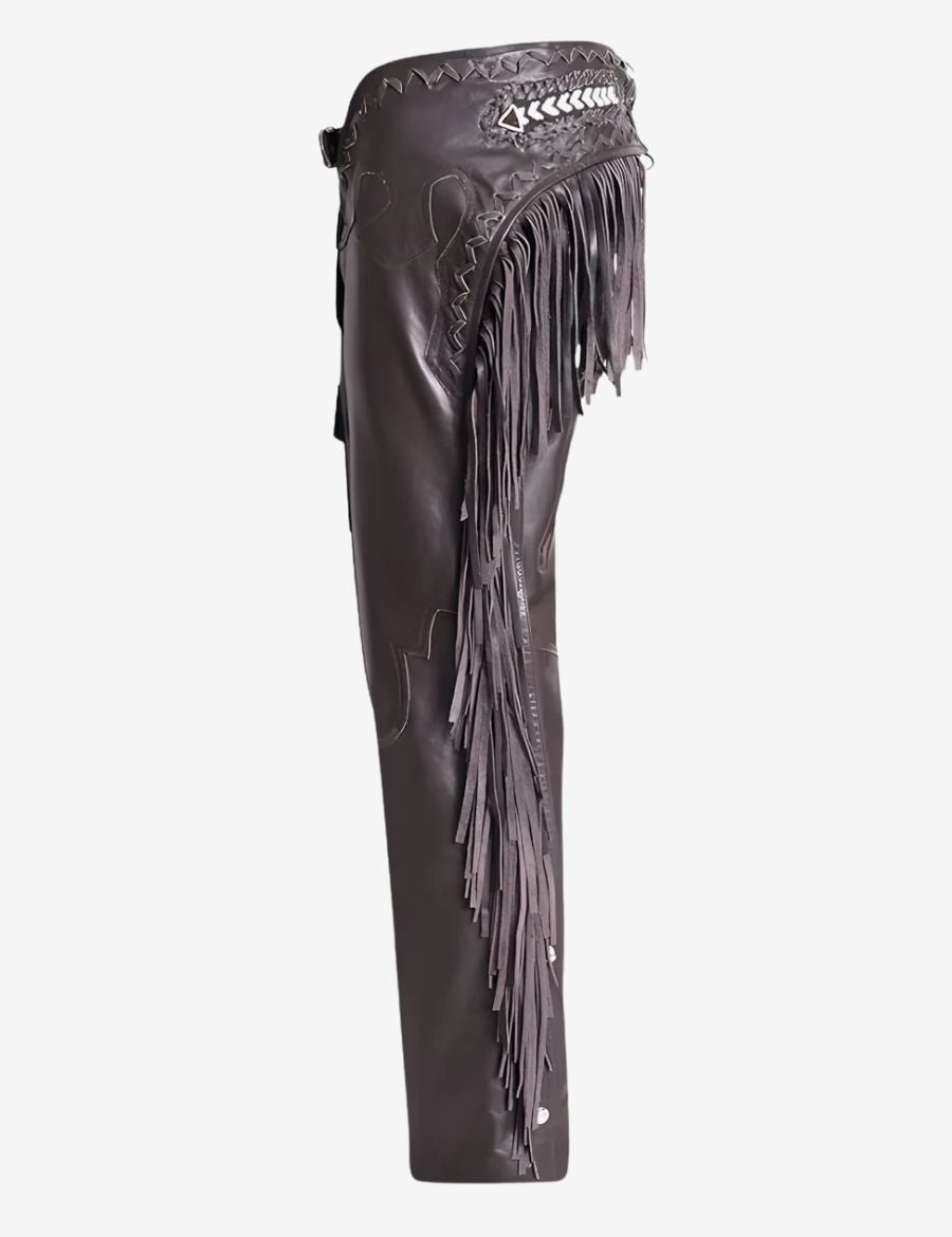 Side profile of brown leather fringe cowboy chaps with detailed western stitching and fringe.
