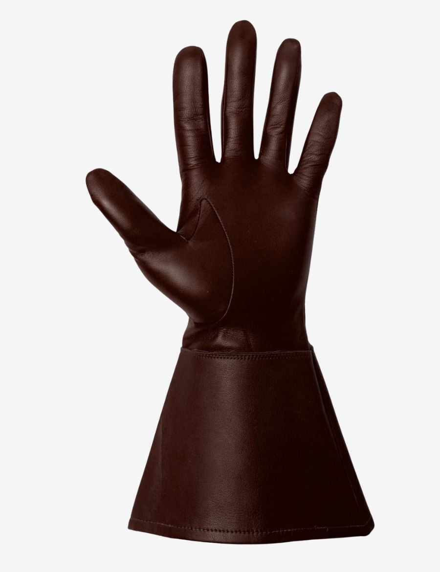 Brown leather riding gauntlet glove displaying smooth palm construction and extended cuff for equestrian and outdoor use.