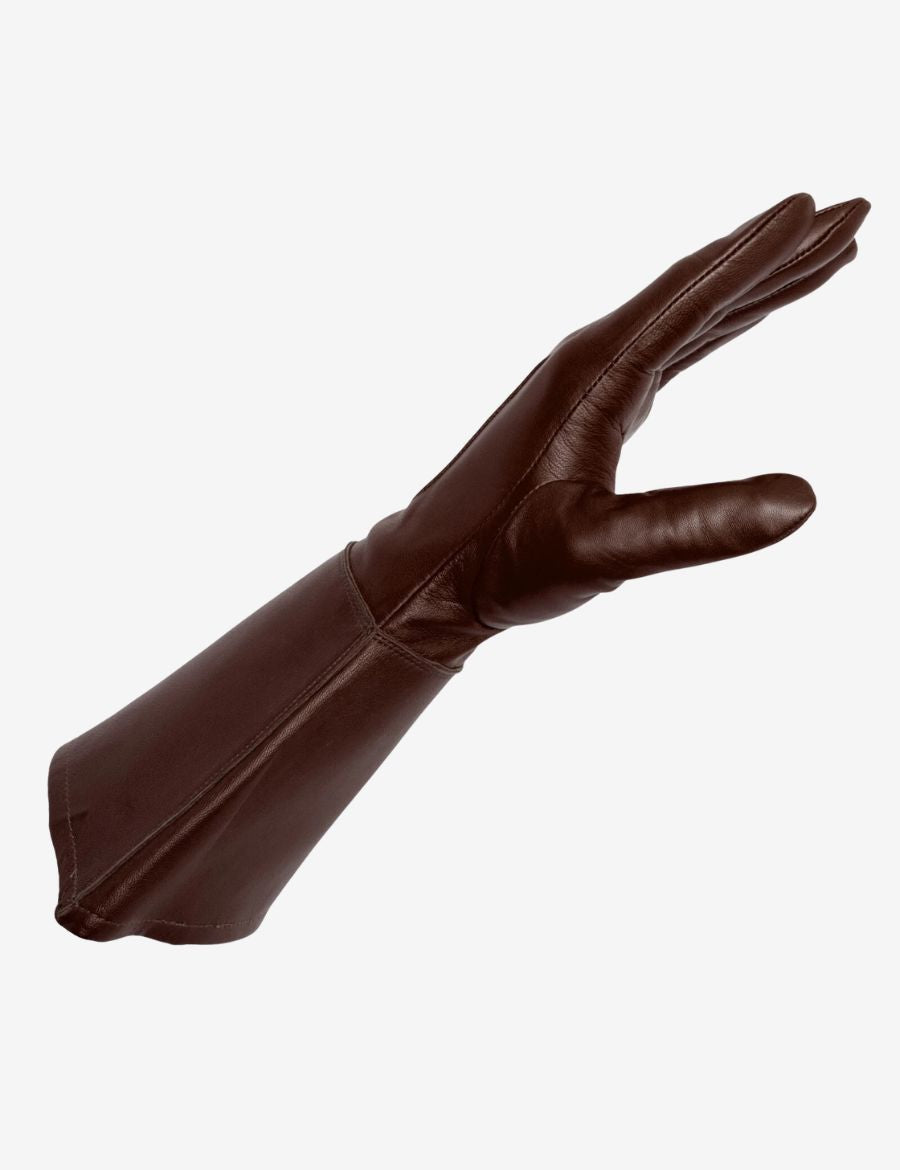 Side profile of brown leather riding gauntlet glove featuring a long cuff design for enhanced wrist and forearm protection.