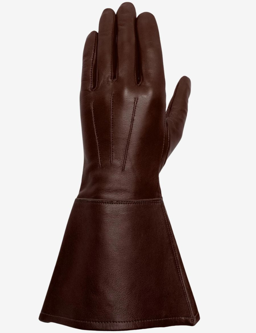 Single brown leather riding gauntlet glove with structured fingers and a long protective cuff in front view.