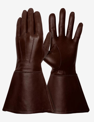 Brown leather riding gauntlet gloves with extended protective cuffs and full hand coverage shown from front and palm views.